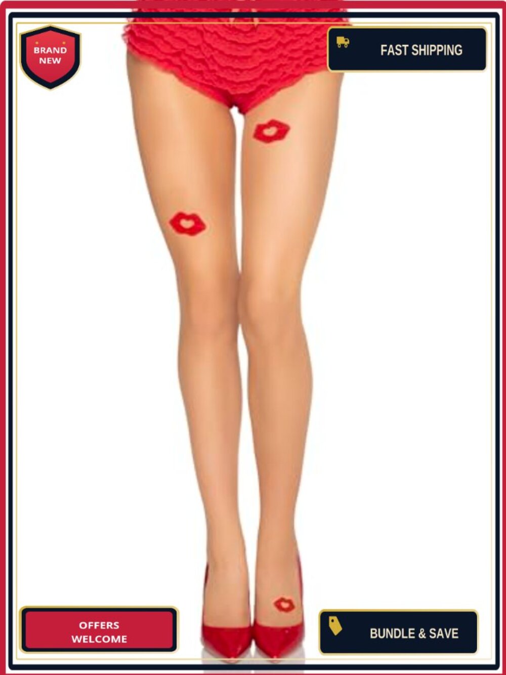 Sheer Embroidered Kiss Tights Nude Red OS